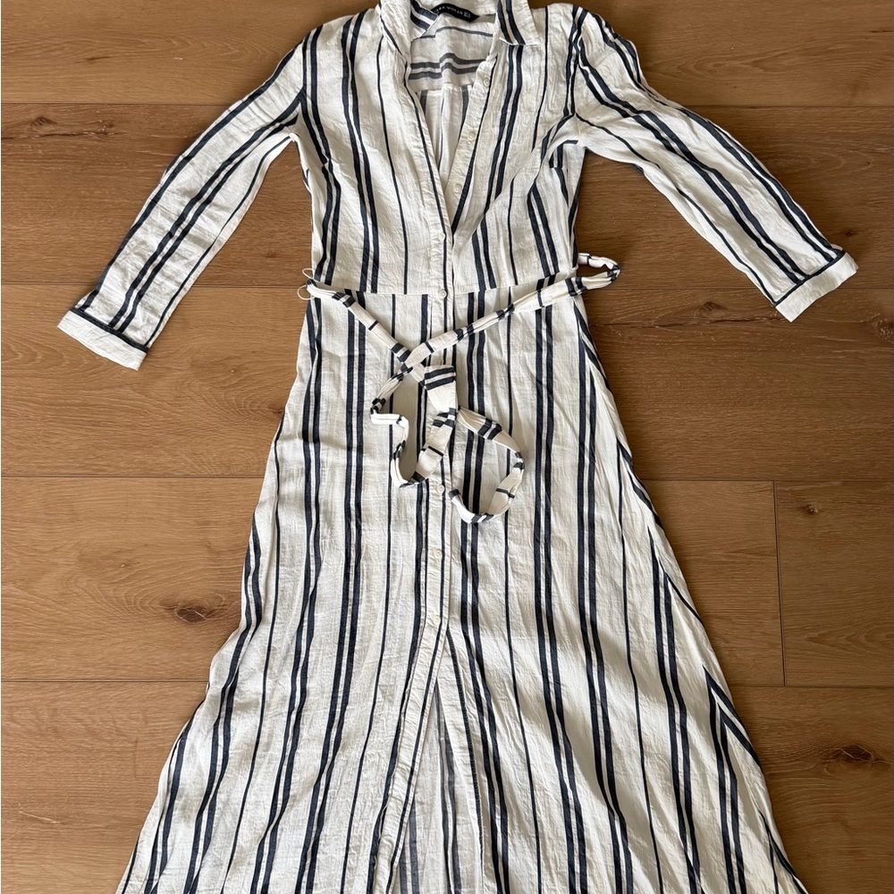 Zara Dark Blue and White Striped Long Sleeve Dress - XS
